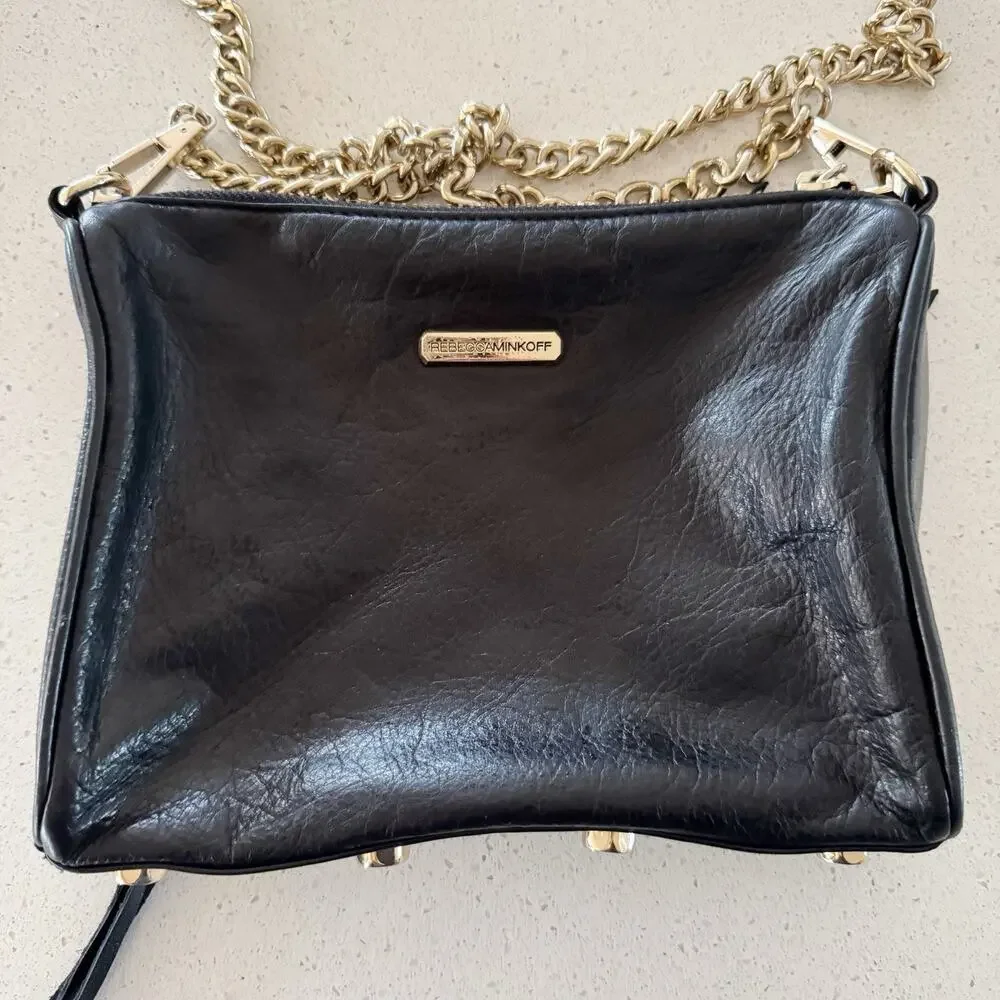 Rebecca Minkoff Black Soft Leather Zip Crossbody Gold Chain Strap Studs Club - Picture 2 of 9